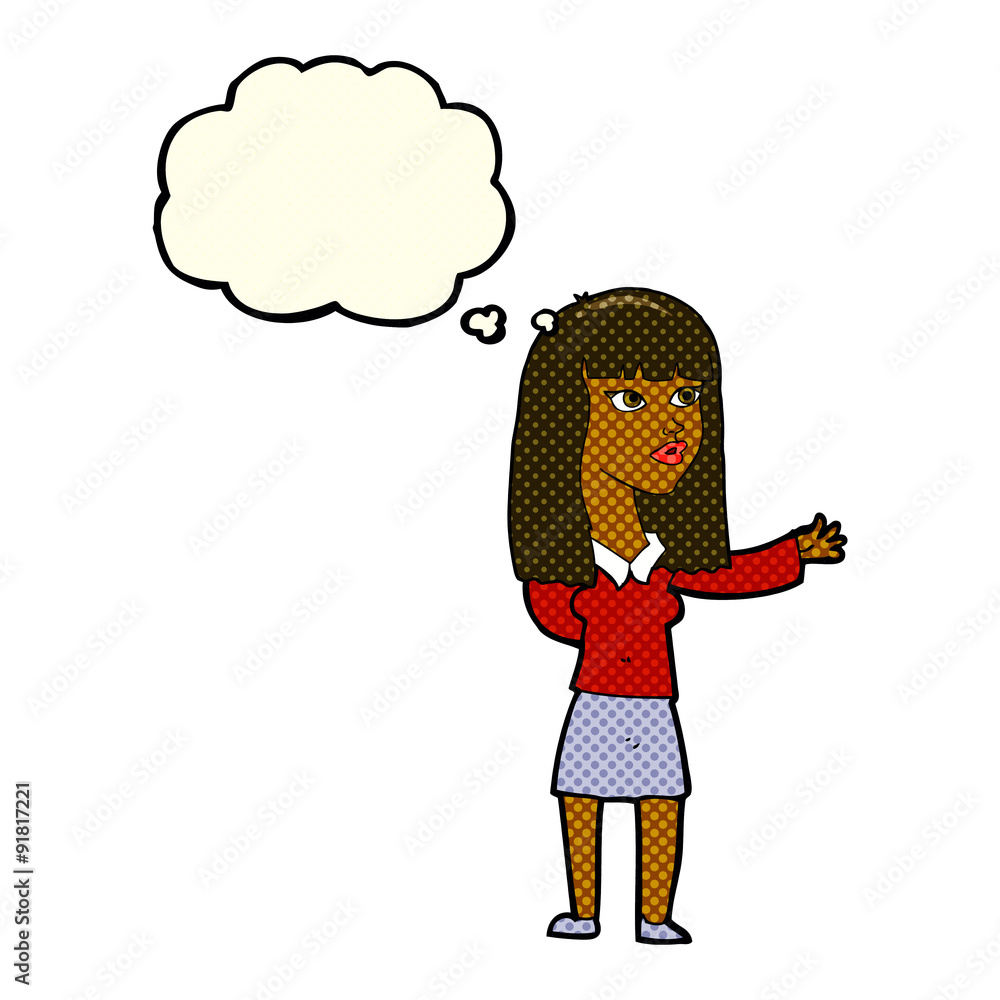 cartoon woman gesturing to show something with thought bubble cartoon woman gesturing to show something with thought bubble