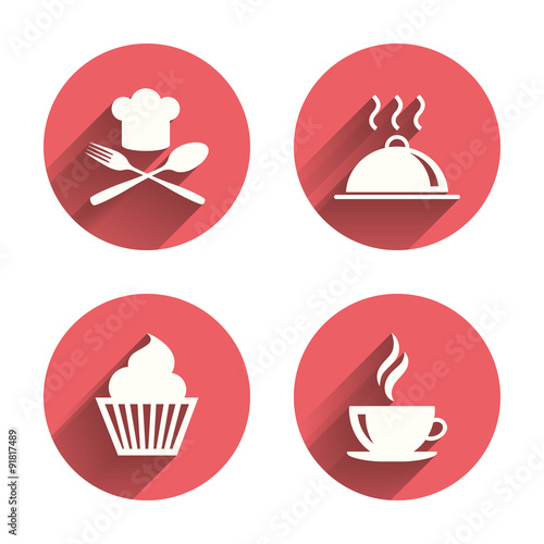 Food icons. Muffin cupcake symbol. Fork, spoon.