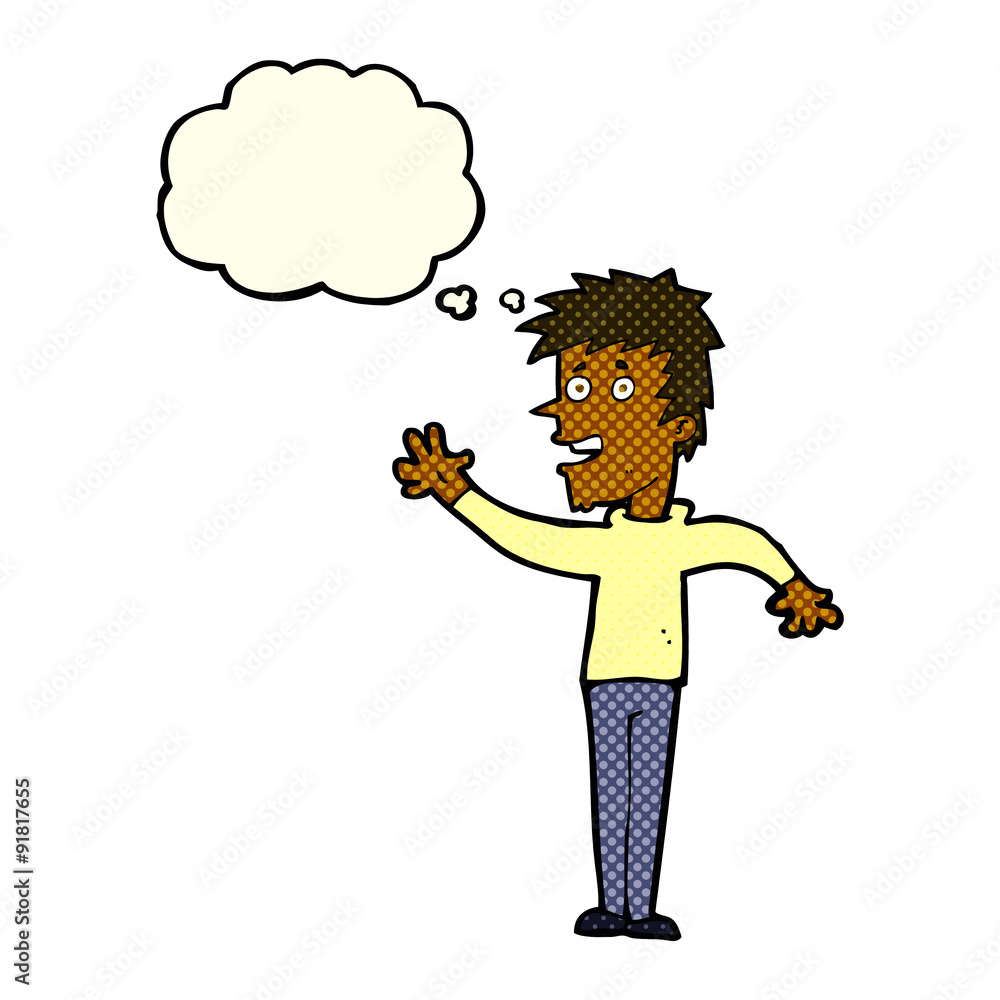 Fototapeta premium cartoon happy boy waving with thought bubble