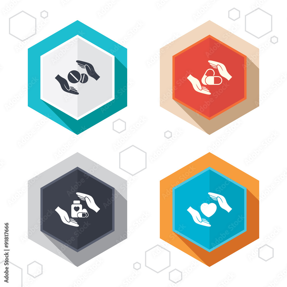 Hands insurance icons. Health medical pills. Hands insurance icons. Health medical pills.