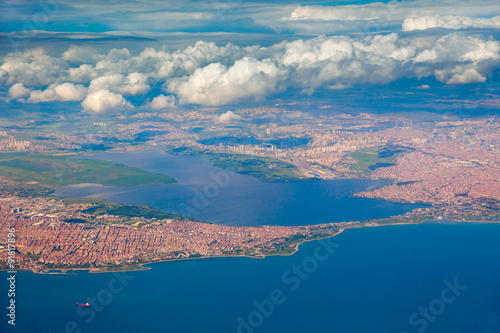 Amazing Aerial view of the city and sea, sunny day and