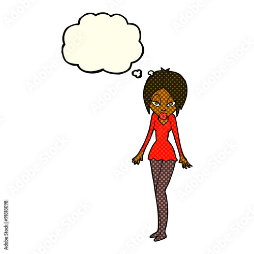 cartoon woman in short dress with thought bubble