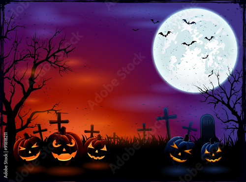 Halloween background with Moon and pumpkins