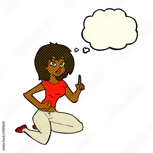 cartoon sitting woman with idea with thought bubble