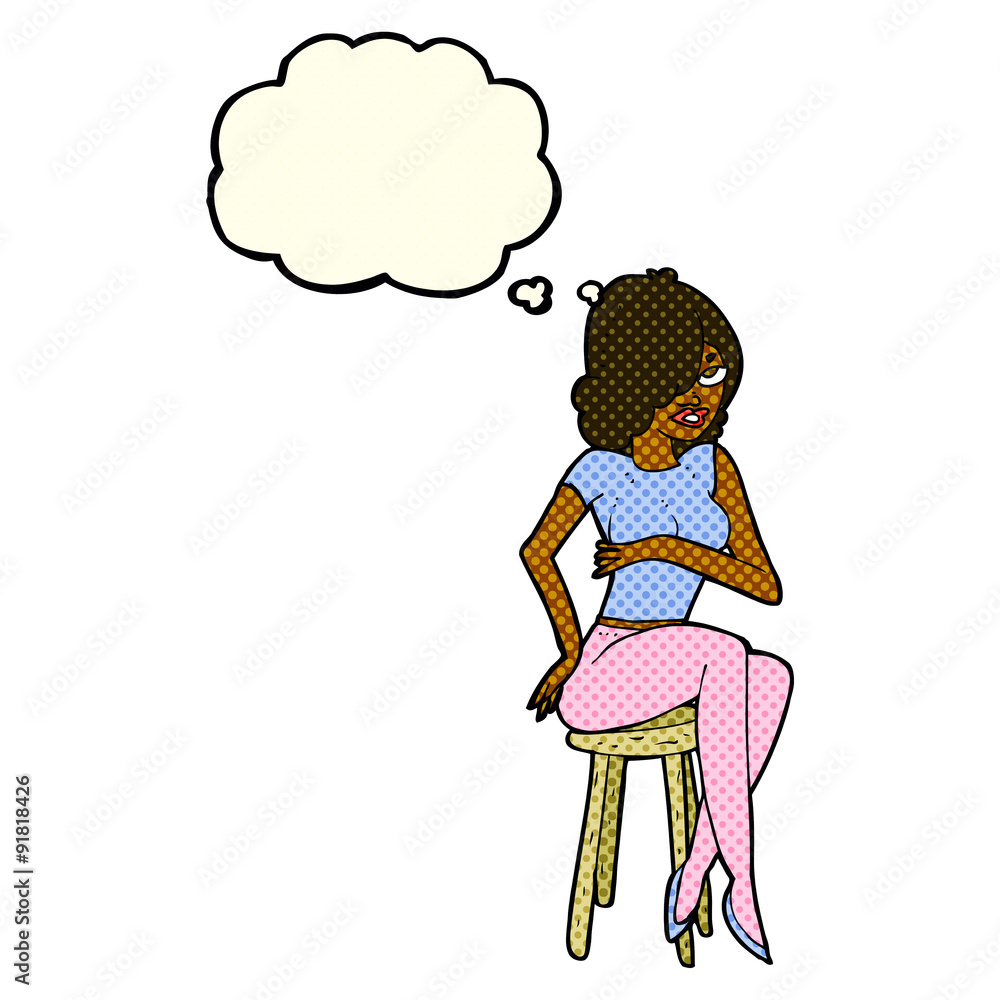 cartoon woman sitting on bar stool with thought bubble cartoon woman sitting on bar stool with thought bubble