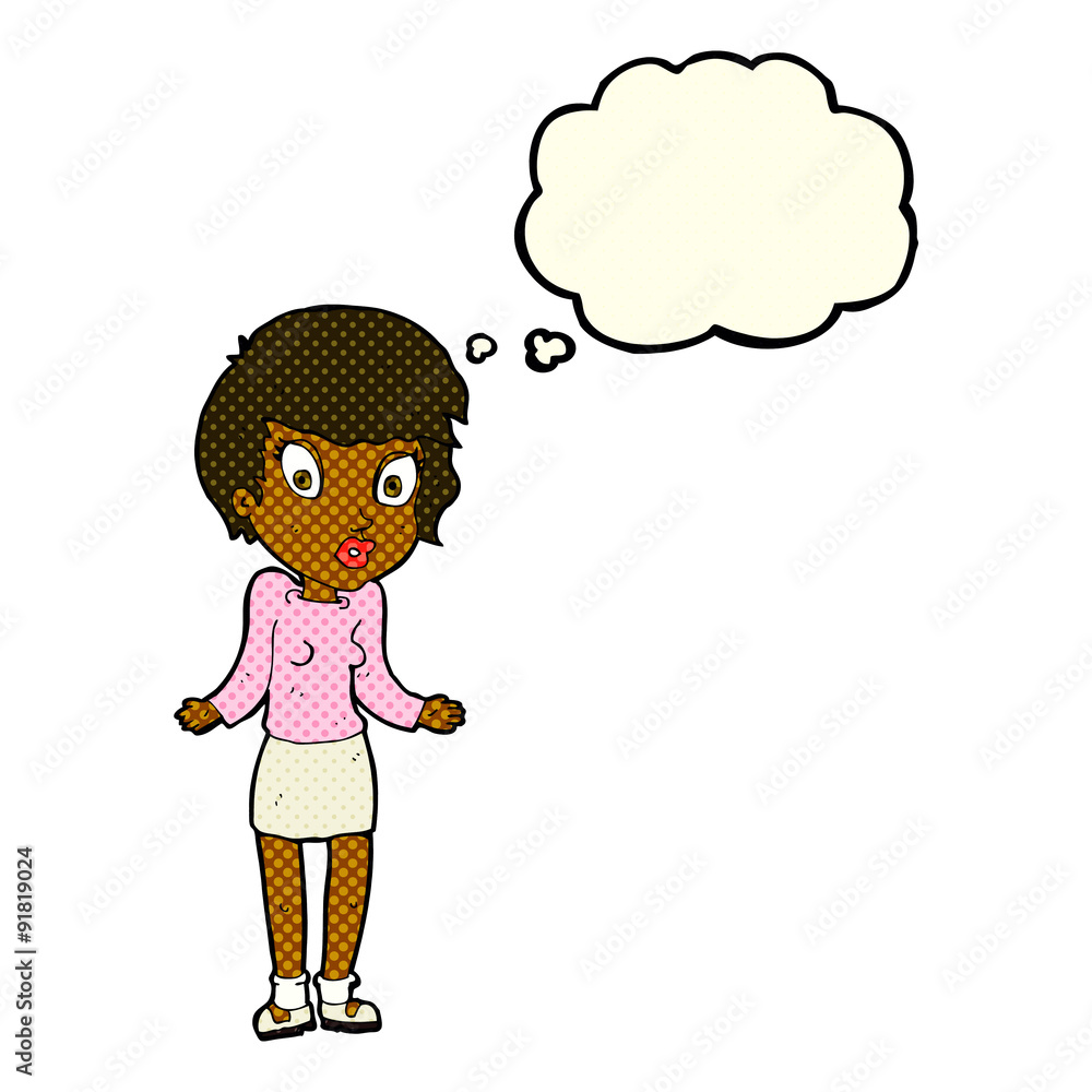 cartoon woman shrugging shoulders with thought bubble cartoon woman shrugging shoulders with thought bubble