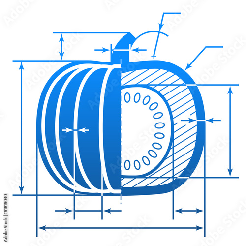 Pumpkin with dimension lines. Element of blueprint drawing