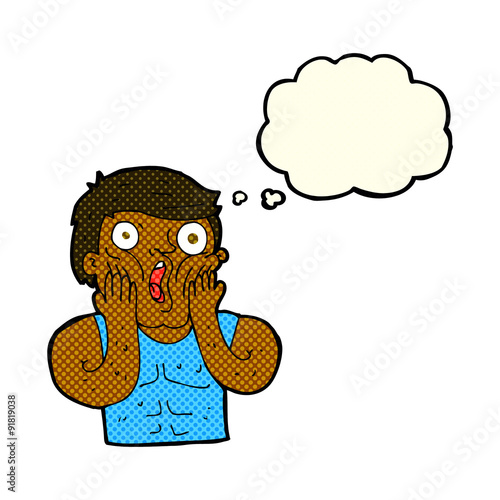 cartoon shocked gym man with thought bubble