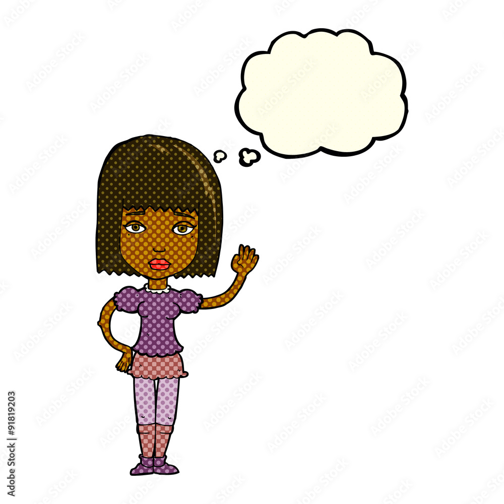 cartoon woman waving with thought bubble cartoon woman waving with thought bubble