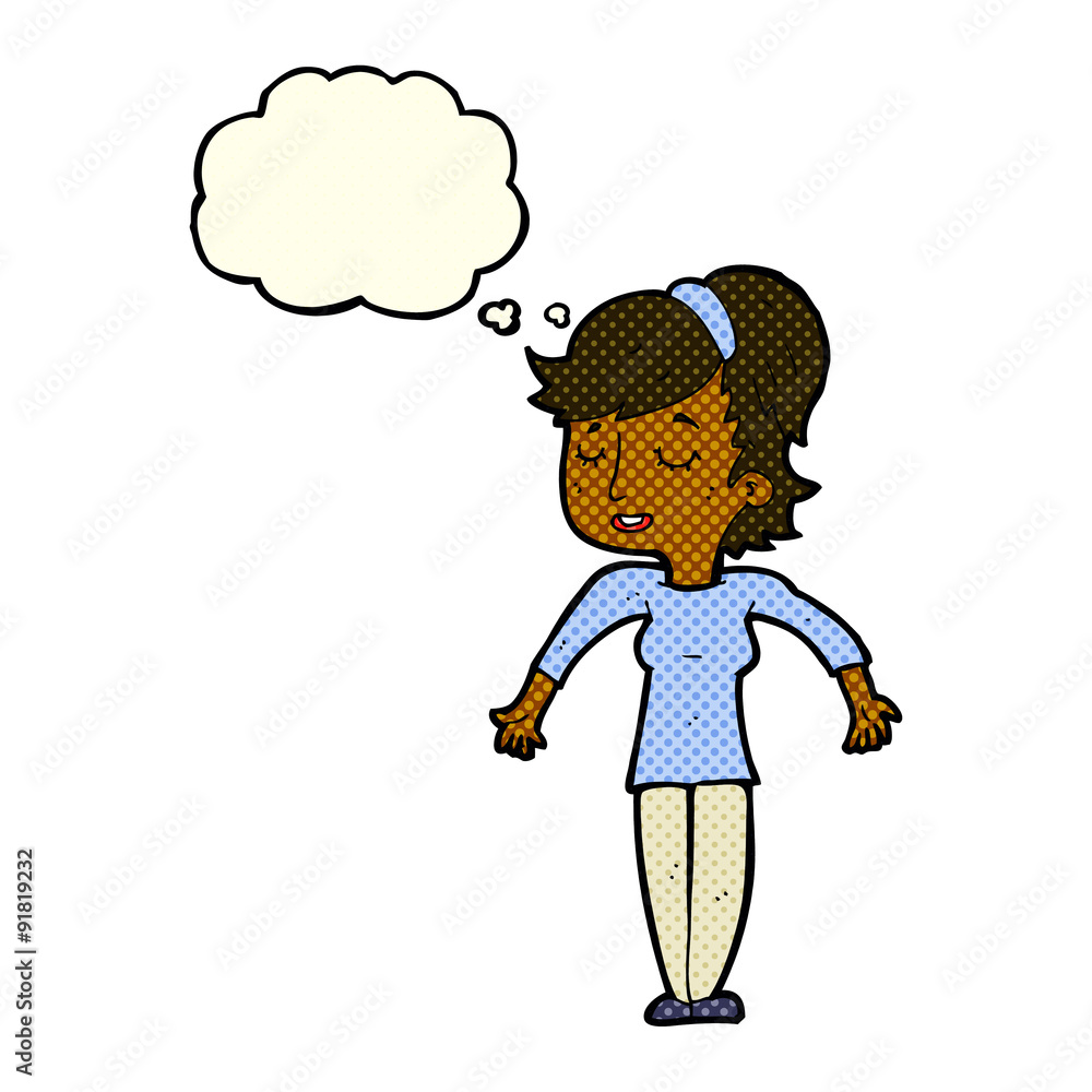 cartoon friendly woman shrugging shoulders with thought bubble cartoon friendly woman shrugging shoulders with thought bubble