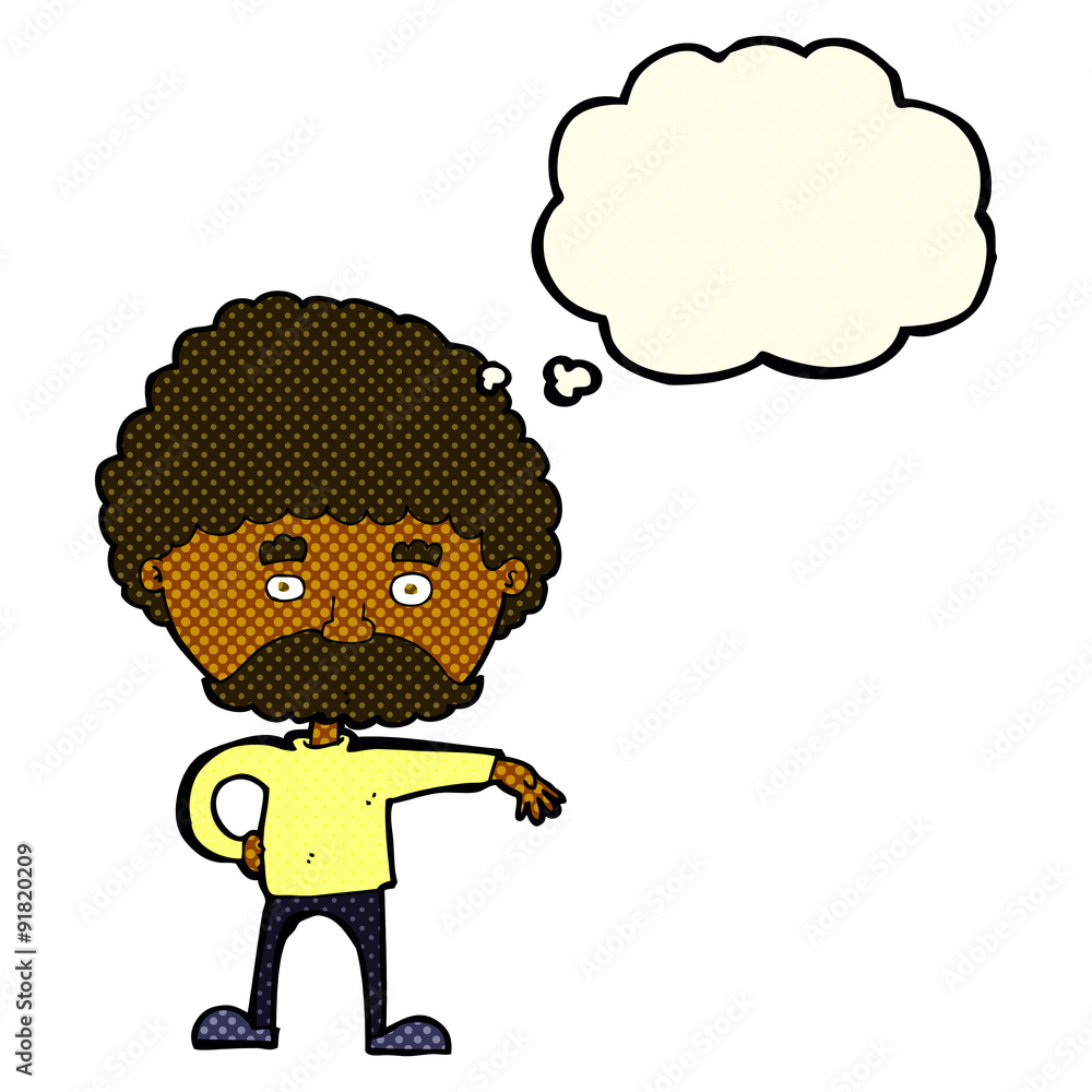 cartoon man with mustache making camp gesture with thought bubbl cartoon man with mustache making camp gesture with thought bubbl