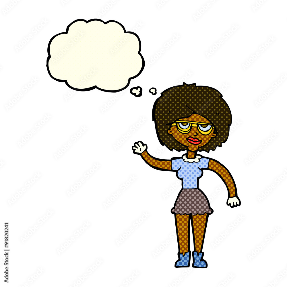 cartoon waving woman wearing spectacles with thought bubble cartoon waving woman wearing spectacles with thought bubble