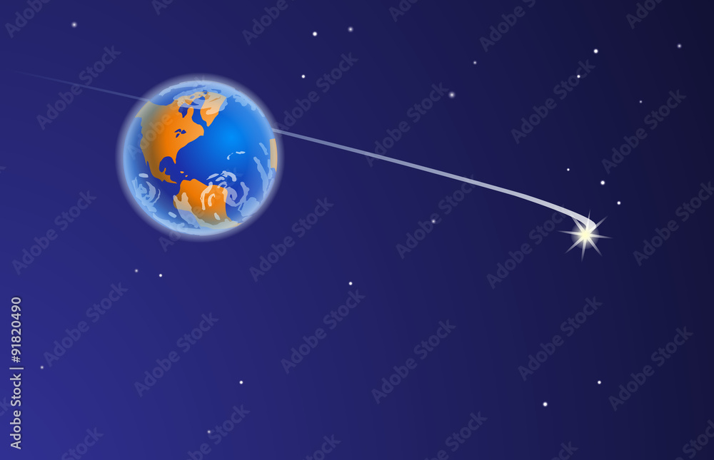 Space journey. Vector illustration of The Planet Earth from Space, with stars, the bright comet and comet's tail. Empty space leaves room for design elements or text.Postcard. Poster. Background. Space journey. Vector illustration of The Planet Earth from Space, with stars, the bright comet and comet's tail. Empty space leaves room for design elements or text.Postcard. Poster. Background.
