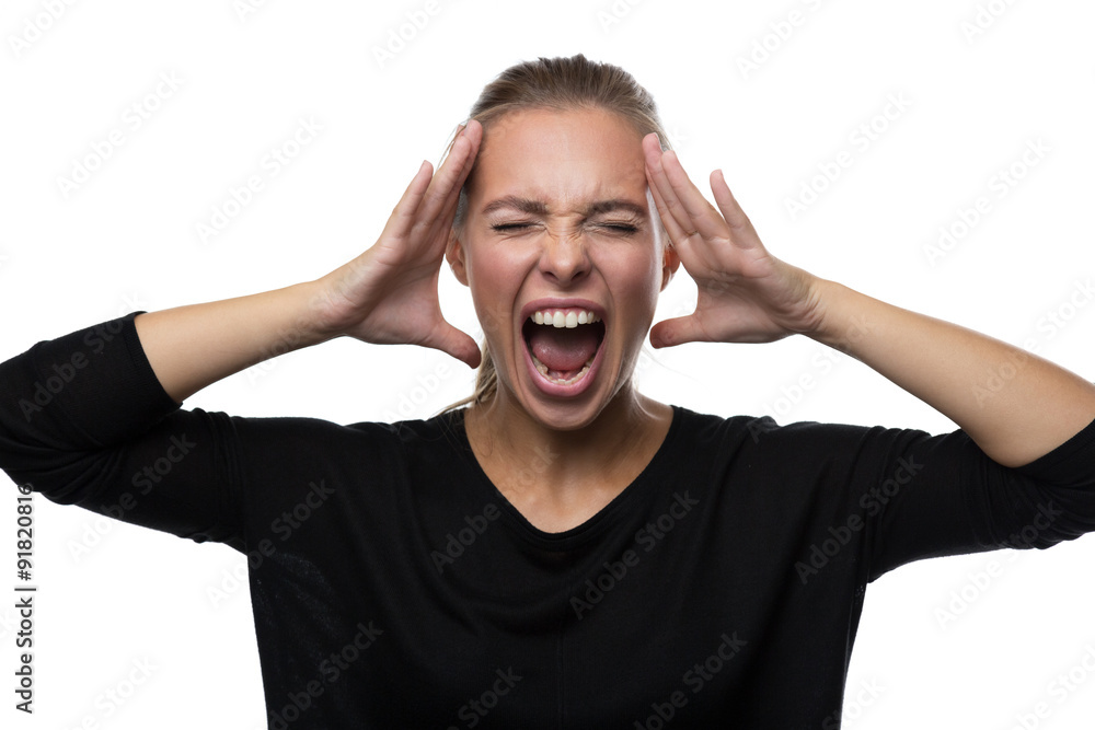 Portrait of stressed woman on white background Portrait of stressed woman on white background