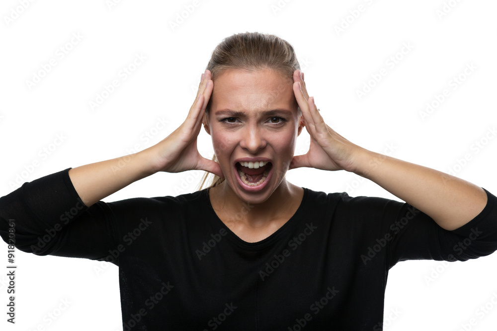 Portrait of stressed woman on white background Portrait of stressed woman on white background