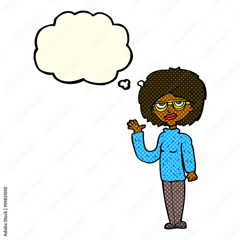cartoon woman waving with thought bubble cartoon woman waving with thought bubble