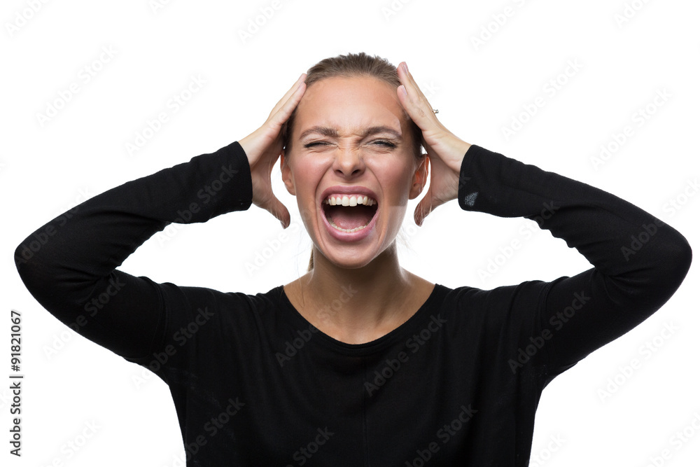 Portrait of stressed woman on white background Portrait of stressed woman on white background
