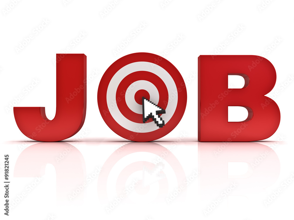 Target job search concept , Red job word with arrow cursor mouse clicking in the center of dart board isolated over white background with reflection. Target job search concept , Red job word with arrow cursor mouse clicking in the center of dart board isolated over white background with reflection.