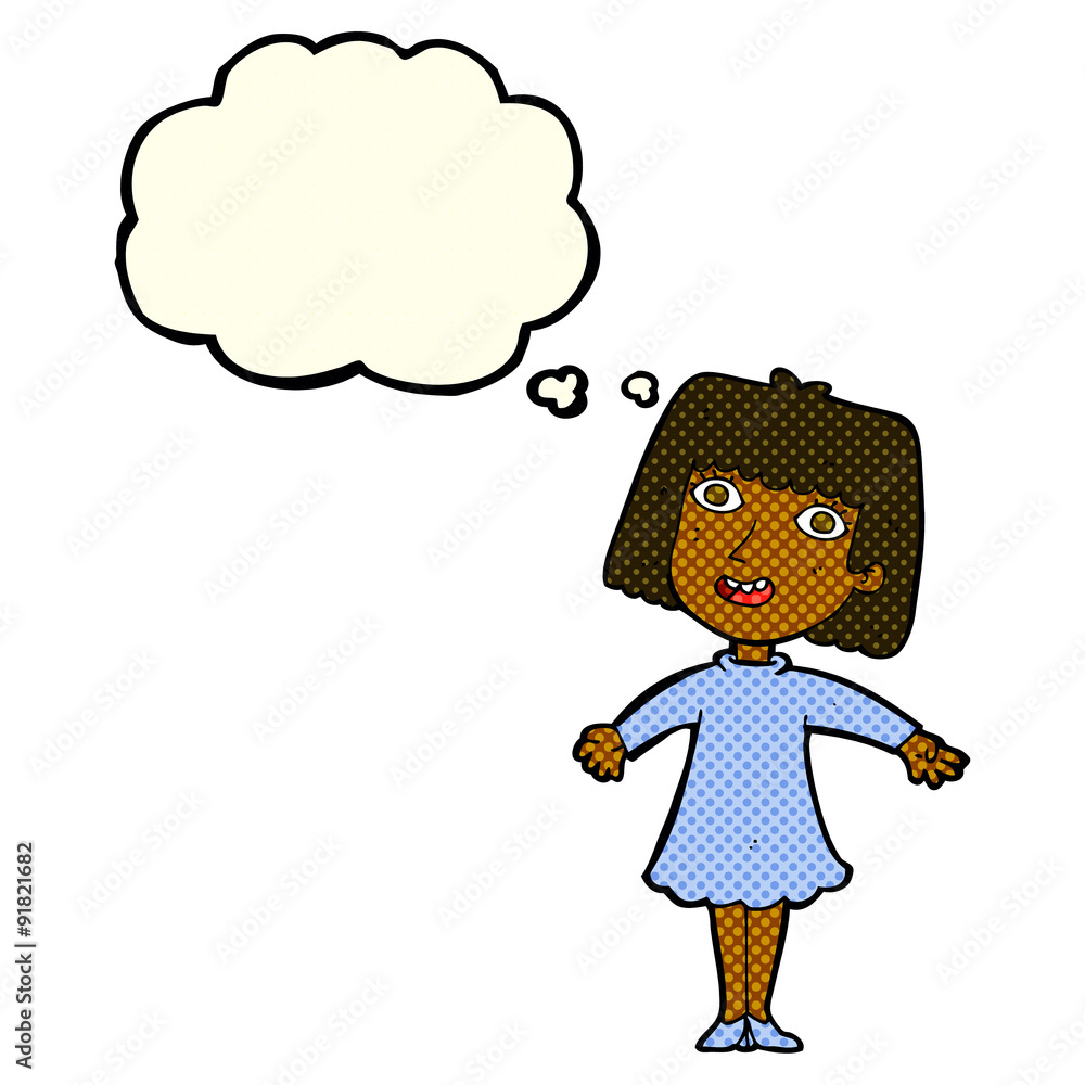 cartoon happy woman in dress with thought bubble cartoon happy woman in dress with thought bubble