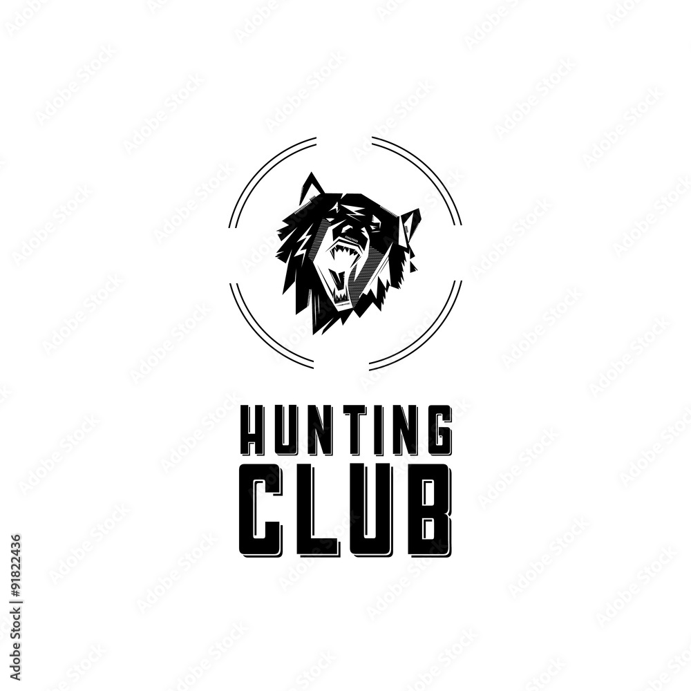 Fototapeta premium Black and white monochrome emblem, symbol, logotype, sign, badge, sticker, poster of a bear, dog, wolf. Identity, T-shirt, textile, cloth, apparel, tattoo, print usage