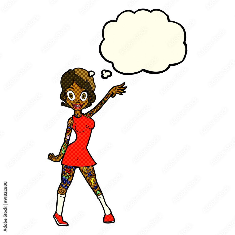 cartoon woman with tattoos with thought bubble cartoon woman with tattoos with thought bubble
