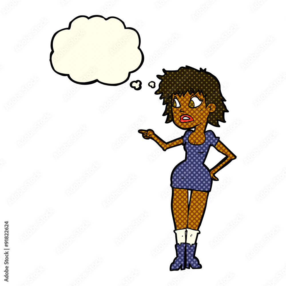 cartoon worried woman in dress pointing with thought bubble cartoon worried woman in dress pointing with thought bubble