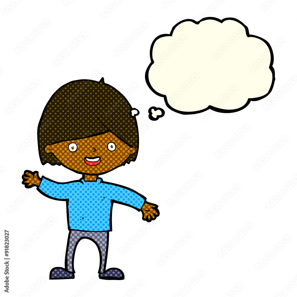 cartoon waving boy with thought bubble cartoon waving boy with thought bubble