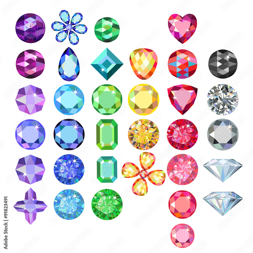 Set of colored gems isolated on white background, vector illustration Set of colored gems isolated on white background, vector illustration