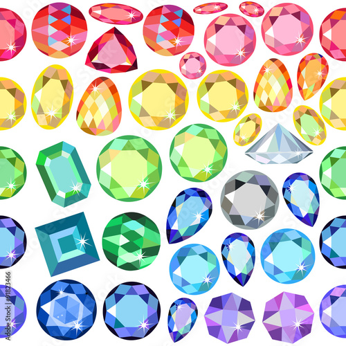 Seamless scattered gems, rhinestones isolated on white background, vector illustration