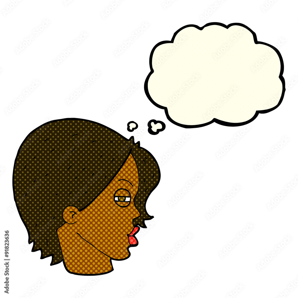 cartoon female face with narrowed eyes with thought bubble cartoon female face with narrowed eyes with thought bubble