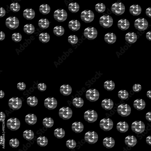 Seamless scattered gems, rhinestones isolated on black background, vector illustration