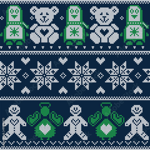 Scandinavian Christmas winter pattern with Penguins, teddy bears, angels, gingerbread man, decorative flowers and ornaments  in Norwegian style cross stitch on dark blue background 
