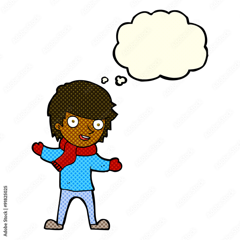 cartoon boy in winter clothes with thought bubble cartoon boy in winter clothes with thought bubble