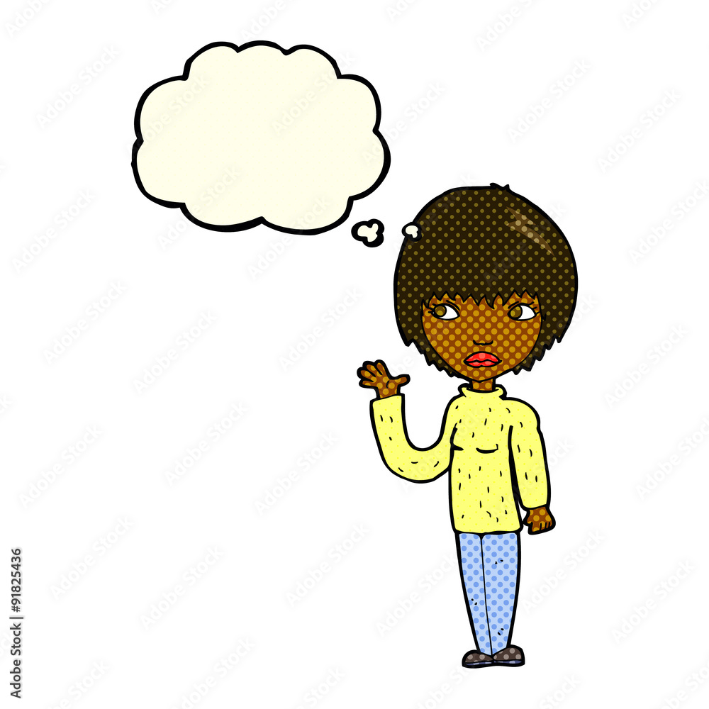 cartoon woman waving with thought bubble cartoon woman waving with thought bubble