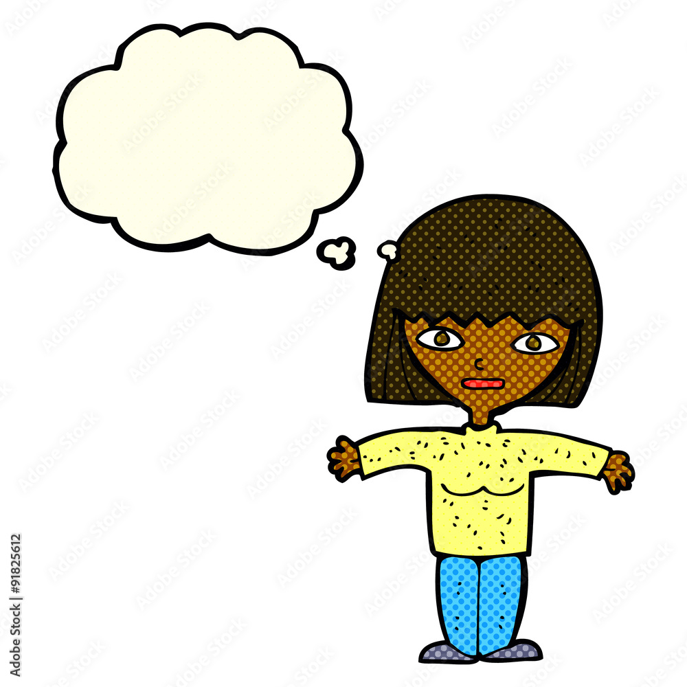cartoon woman with open arms with thought bubble cartoon woman with open arms with thought bubble
