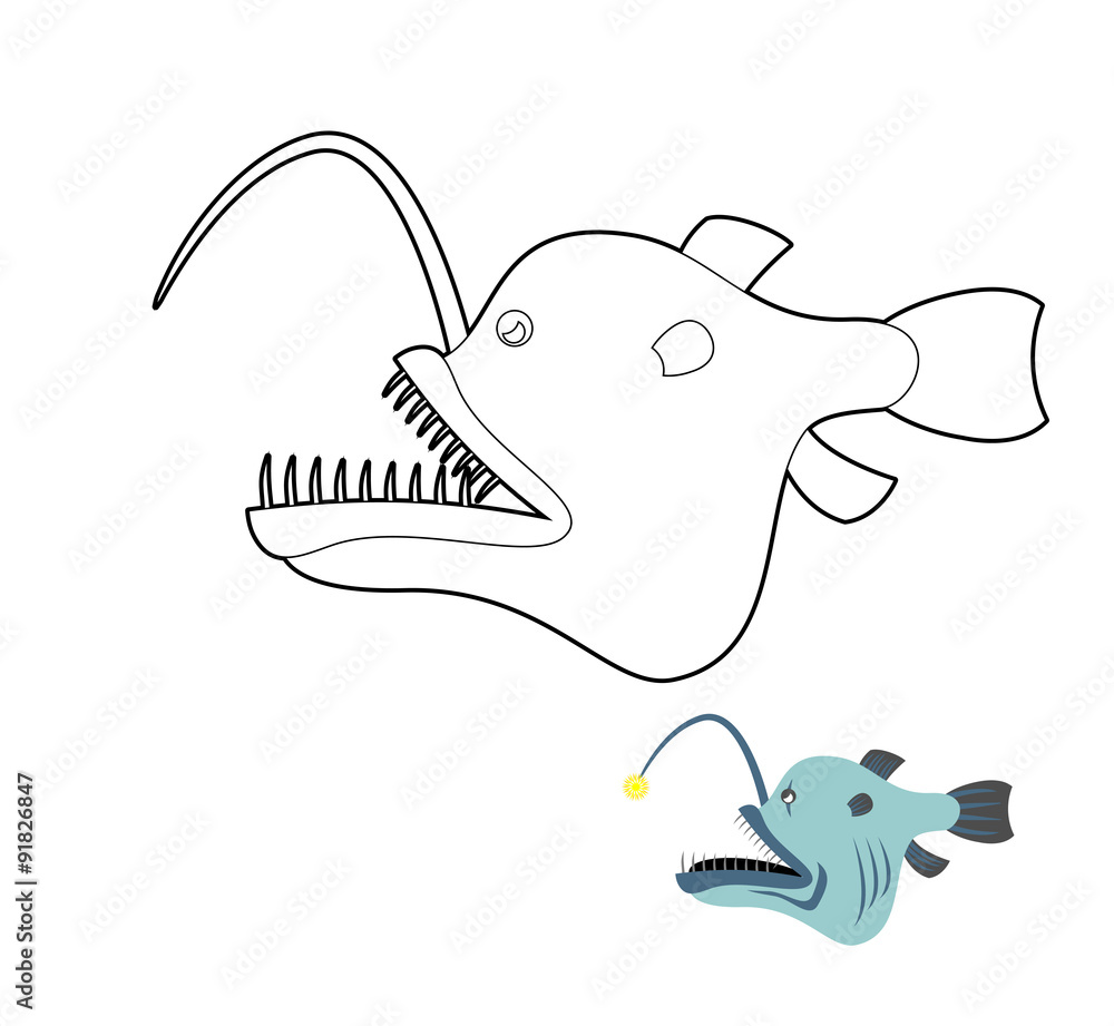 Deep-sea anglerfish coloring book. Fish monster from depths of Stock