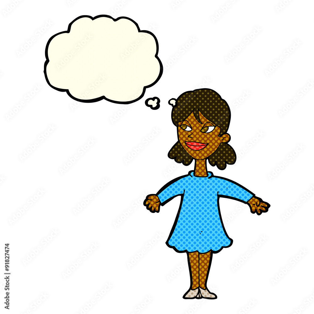 cartoon woman with open arms with thought bubble cartoon woman with open arms with thought bubble