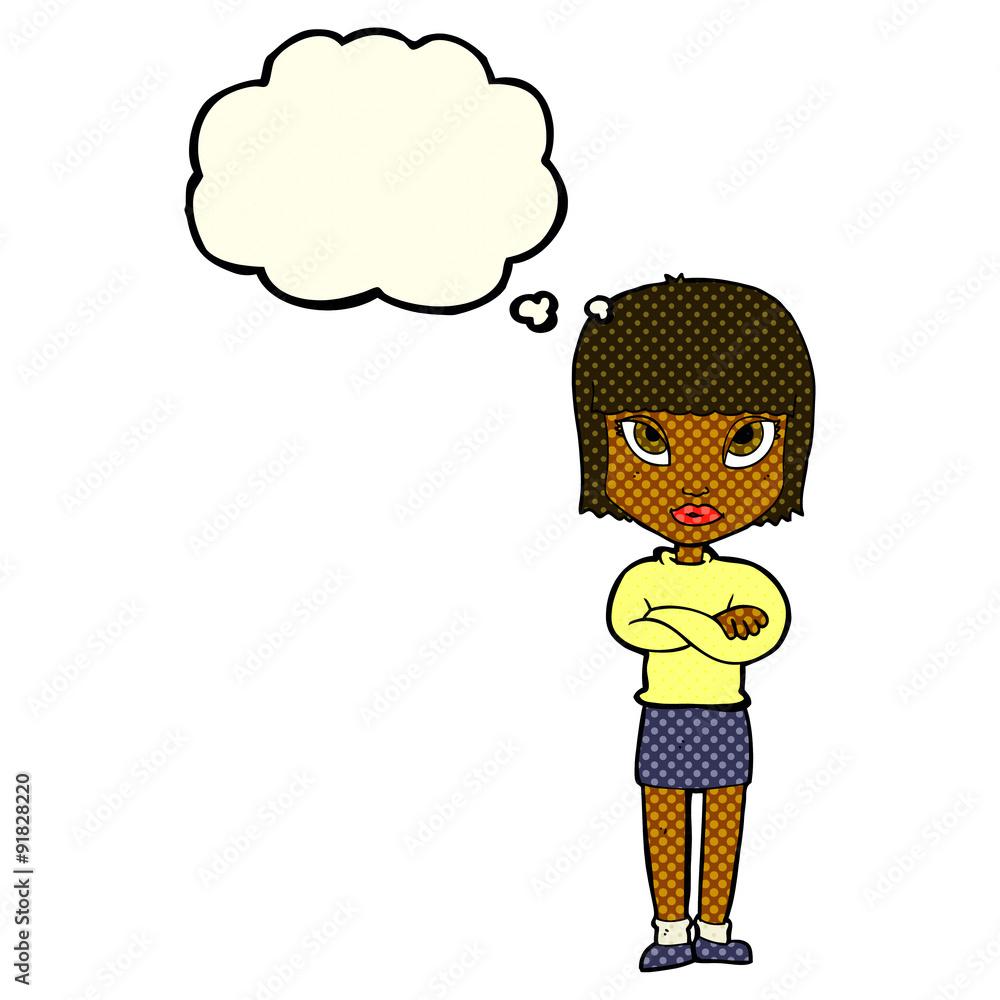 cartoon woman with crossed arms with thought bubble