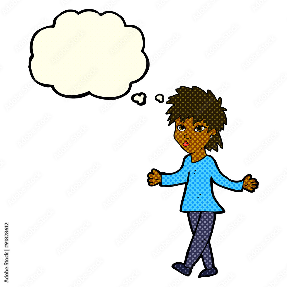 cartoon woman shrugging shoulders with thought bubble cartoon woman shrugging shoulders with thought bubble