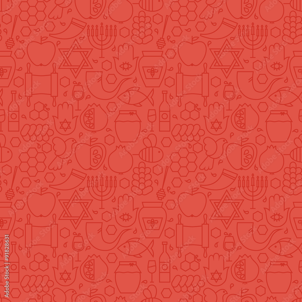 Naklejka premium Thin Holiday Line Jewish New Year Red Seamless Pattern