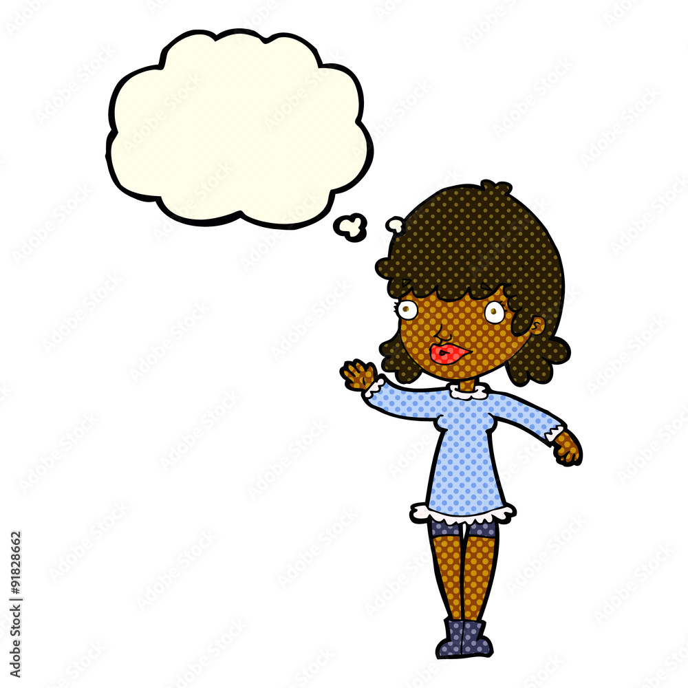 cartoon woman waving with thought bubble cartoon woman waving with thought bubble