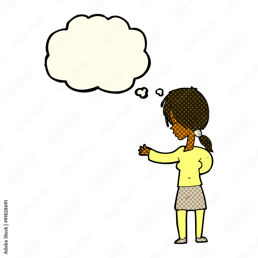 cartoon woman gesturing with thought bubble cartoon woman gesturing with thought bubble