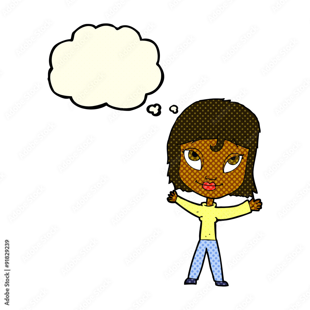cartoon happy woman waving arms with thought bubble cartoon happy woman waving arms with thought bubble