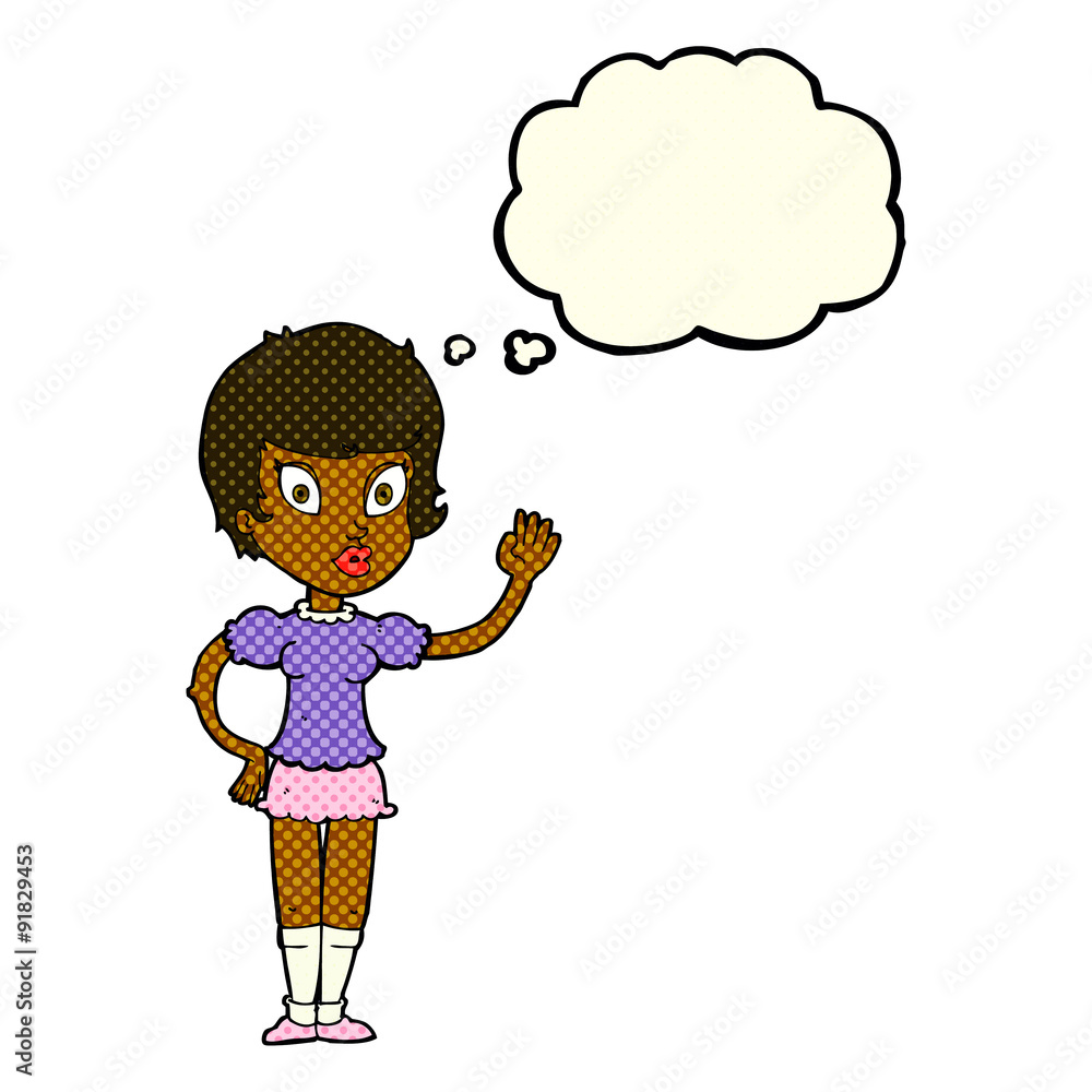 cartoon pretty girl waving with thought bubble cartoon pretty girl waving with thought bubble