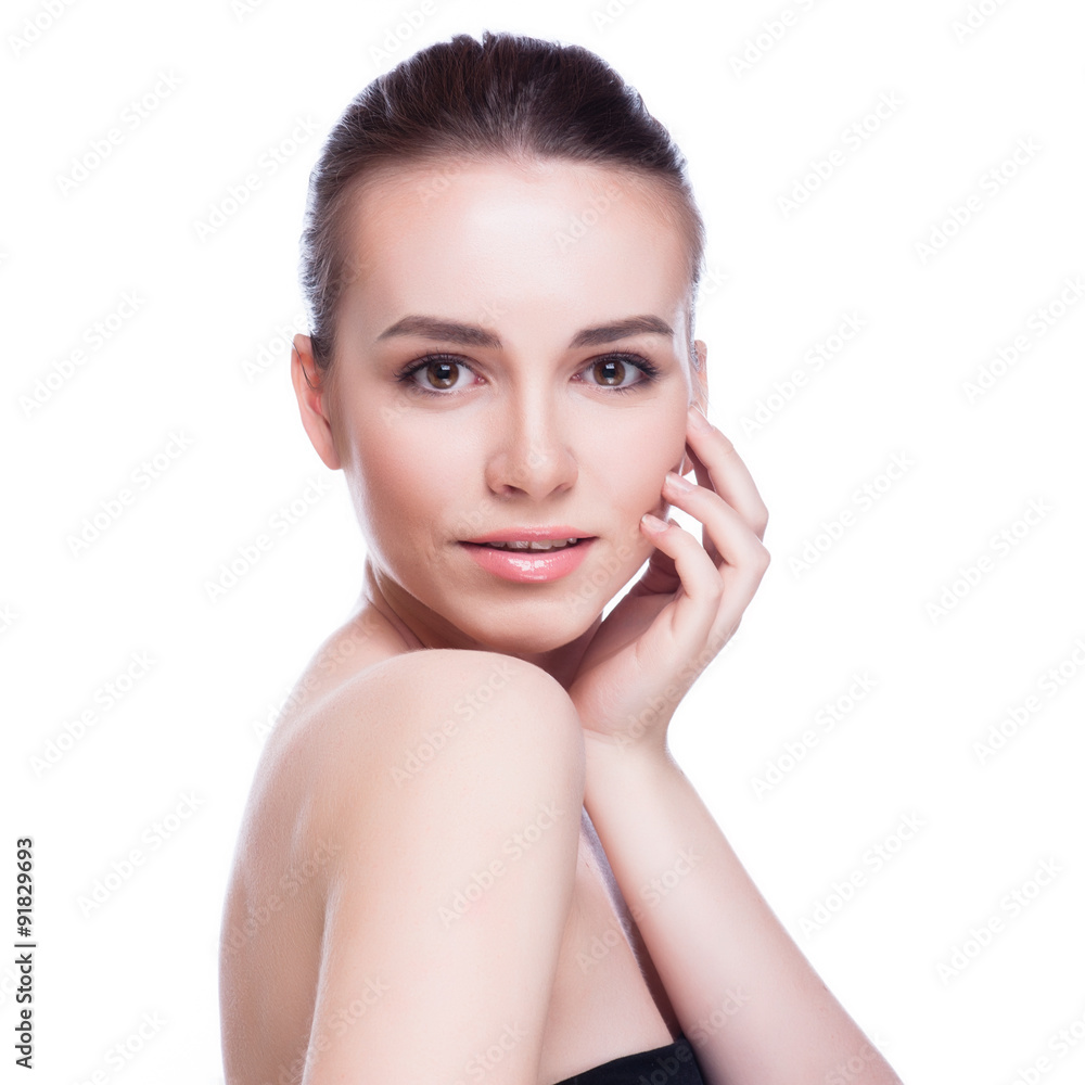 Pretty face of beautiful smiling woman - posing at studio isolated on white Pretty face of beautiful smiling woman - posing at studio isolated on white
