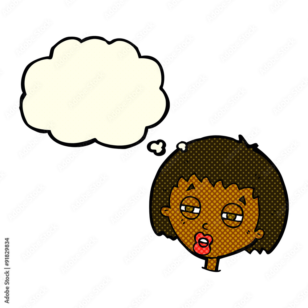 cartoon woman narrowing eyes with thought bubble cartoon woman narrowing eyes with thought bubble