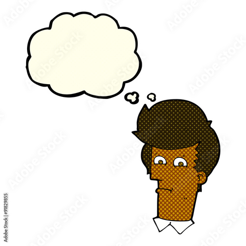 cartoon man narrowing eyes with thought bubble
