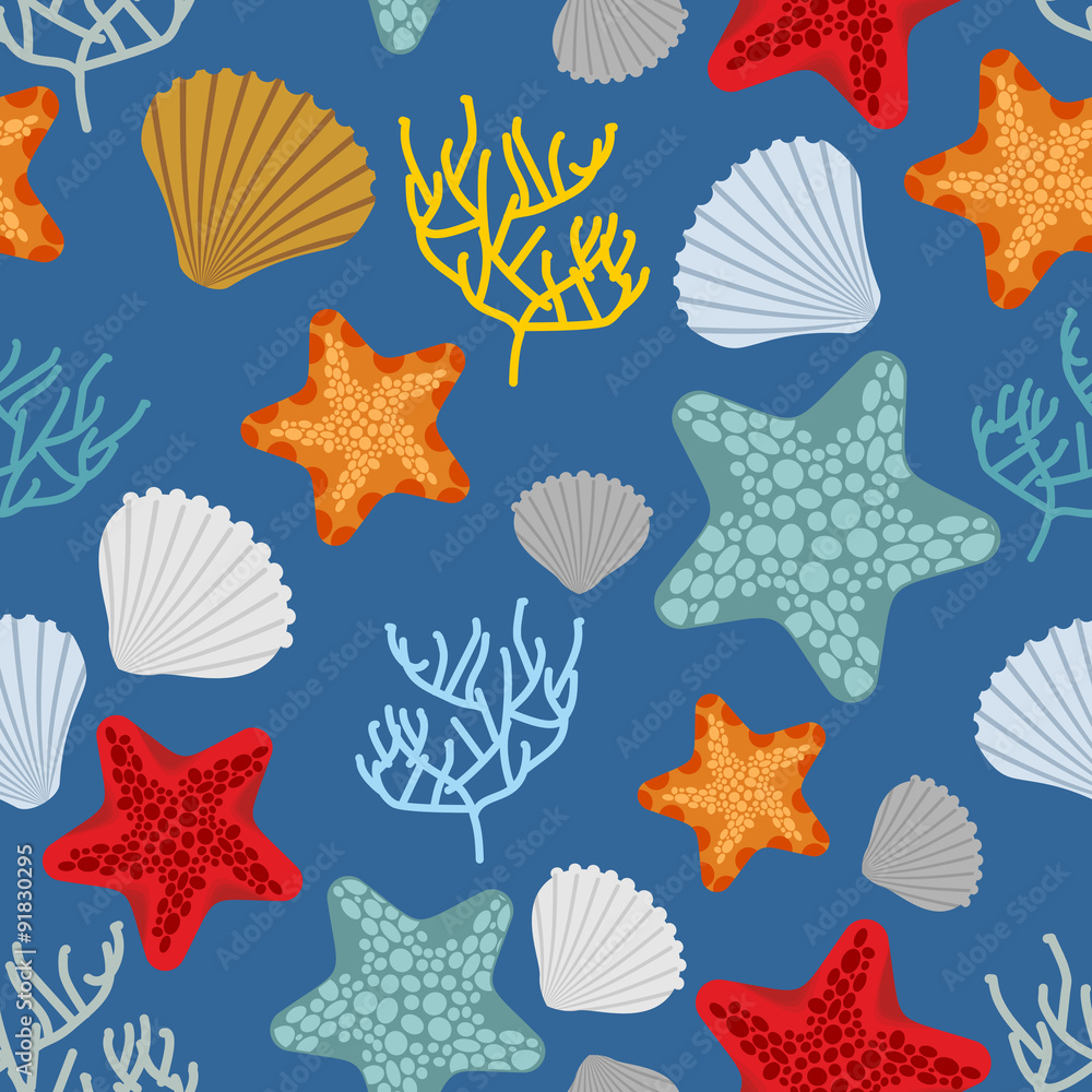 Marine seamless pattern. Starfish, scallop and corals. Clam shel