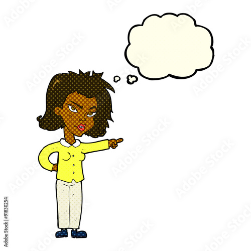cartoon woman pointing with thought bubble