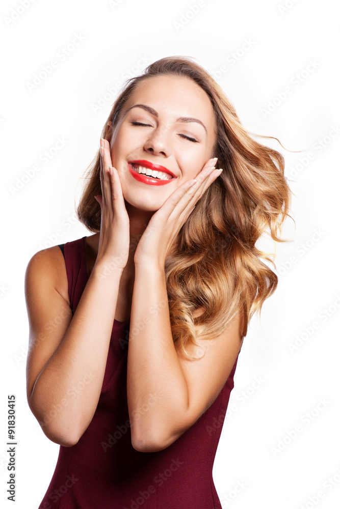 Portrait of beautiful blonde woman with curly hairstyle and bright makeup. Natural look. studio, isolated. Portrait of beautiful blonde woman with curly hairstyle and bright makeup. Natural look. studio, isolated.